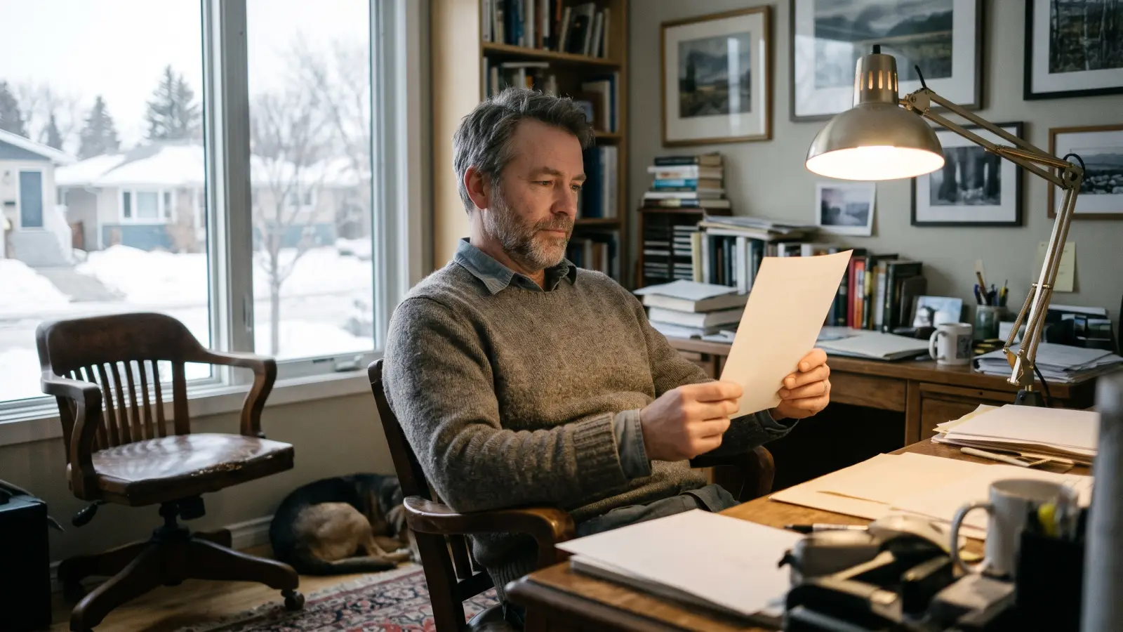 A man in his late forties at a home desk reading a plain printed page, snow outside the window.