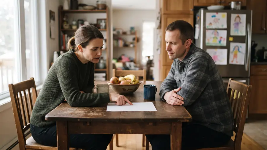 A couple in their early forties at a dining table discussing a plain sheet of paper.