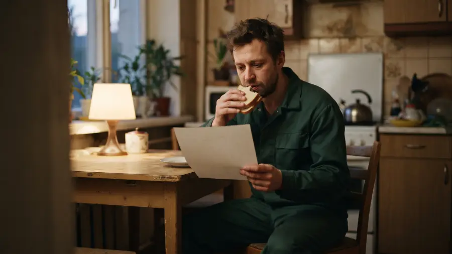 A man in his early thirties in a work uniform reading a plain sheet of paper at a small kitchen table.