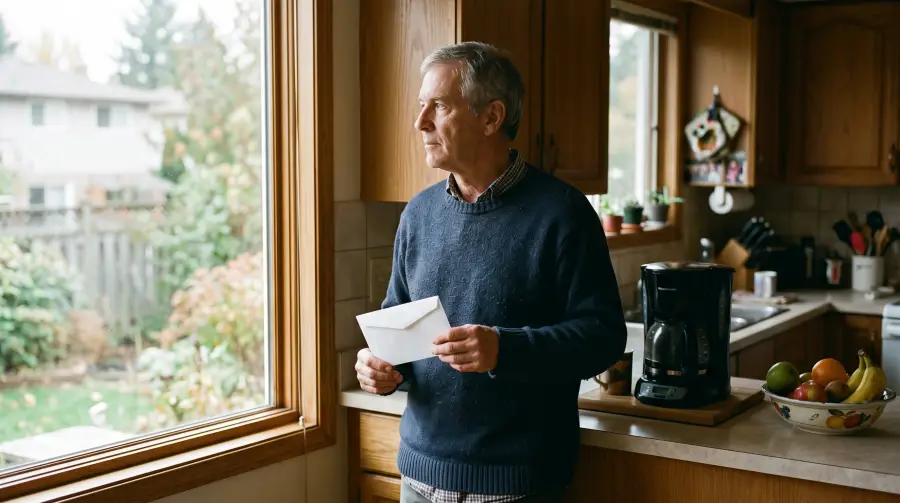 A man in his early sixties at a kitchen counter holding a plain envelope.