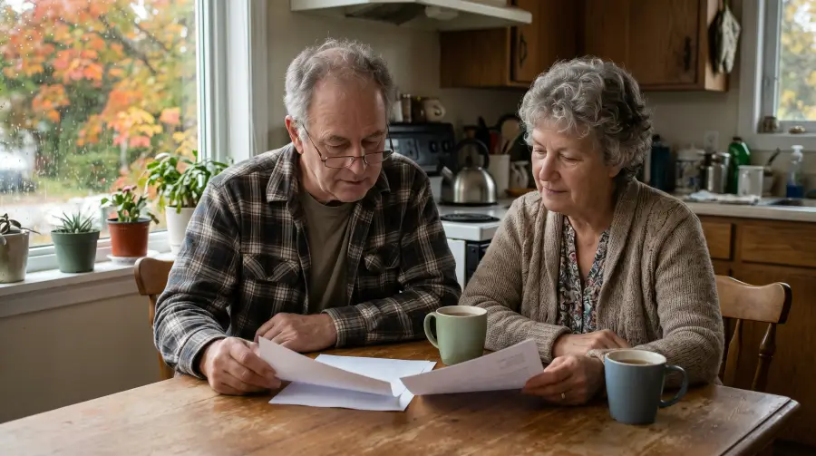 A couple in their late sixties looking through household paperwork together at a kitchen table.