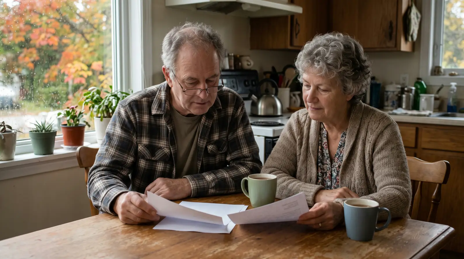 A couple in their late sixties looking through household paperwork together at a kitchen table.
