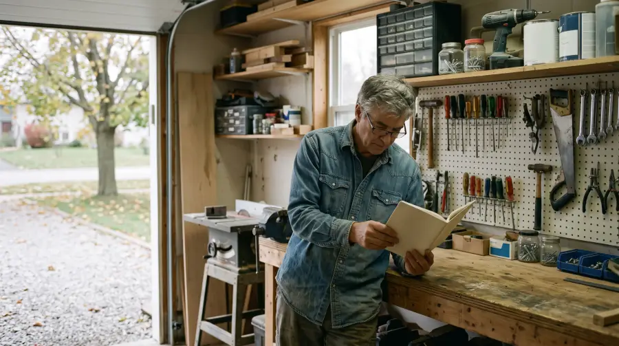 A man in his early sixties reading a thin booklet at a workbench in a home garage.