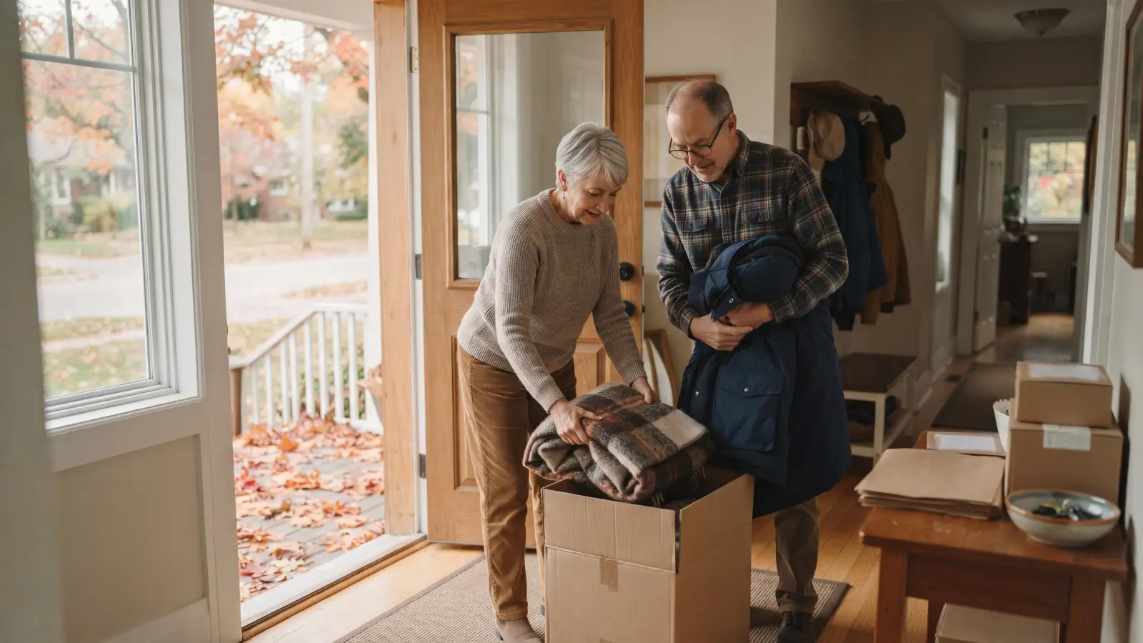 A couple in their sixties packing folded winter coats into a cardboard box in a front hall.