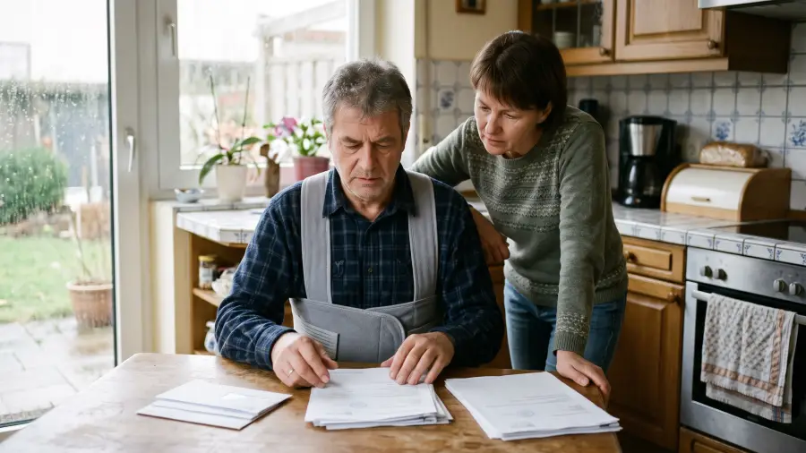 Ein Mann um die 55 sitzt mit Rückenstütze am Küchentisch und sortiert ärztliche Unterlagen, seine Frau schaut ihm über die Schulter.