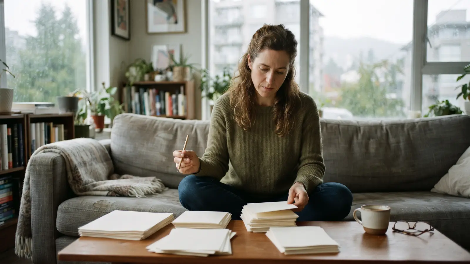 A woman in her early forties sorting plain papers into stacks on a coffee table in a rainy-day apartment.
