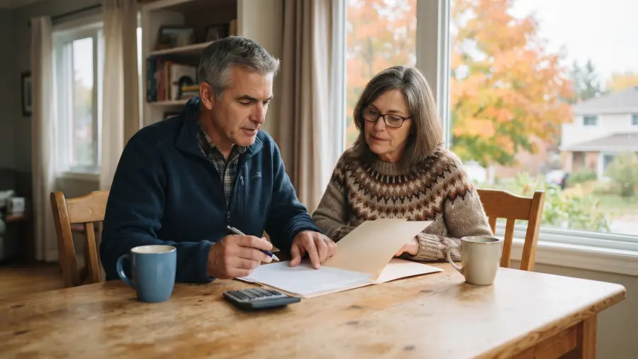 A couple in their late fifties going through household paperwork with a calculator at a kitchen table on an autumn morning.