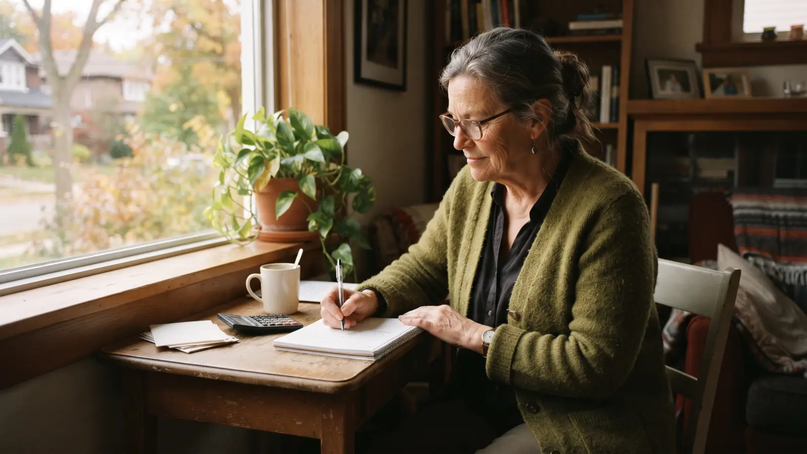 A woman in her mid-sixties writing by hand in a notebook beside a pocket calculator at a desk by a window.