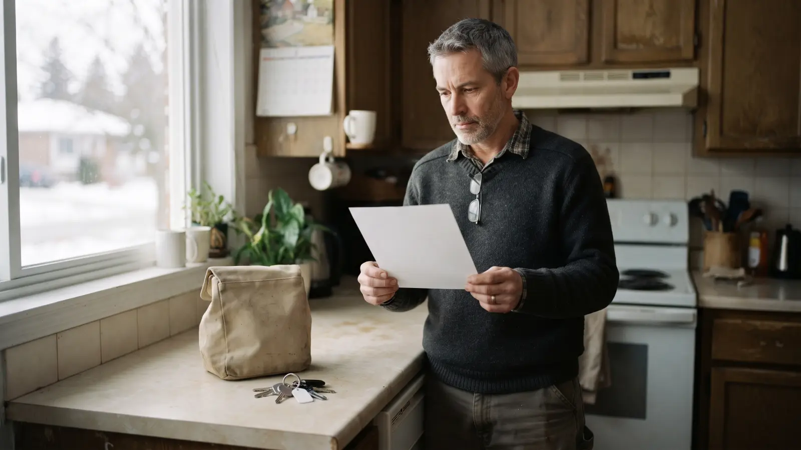 A man in his early fifties reading a single plain sheet of paper at a kitchen counter on a winter day.