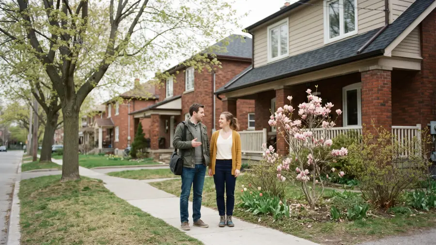 A couple in their early thirties standing on a sidewalk looking at a brick semi-detached house in spring.