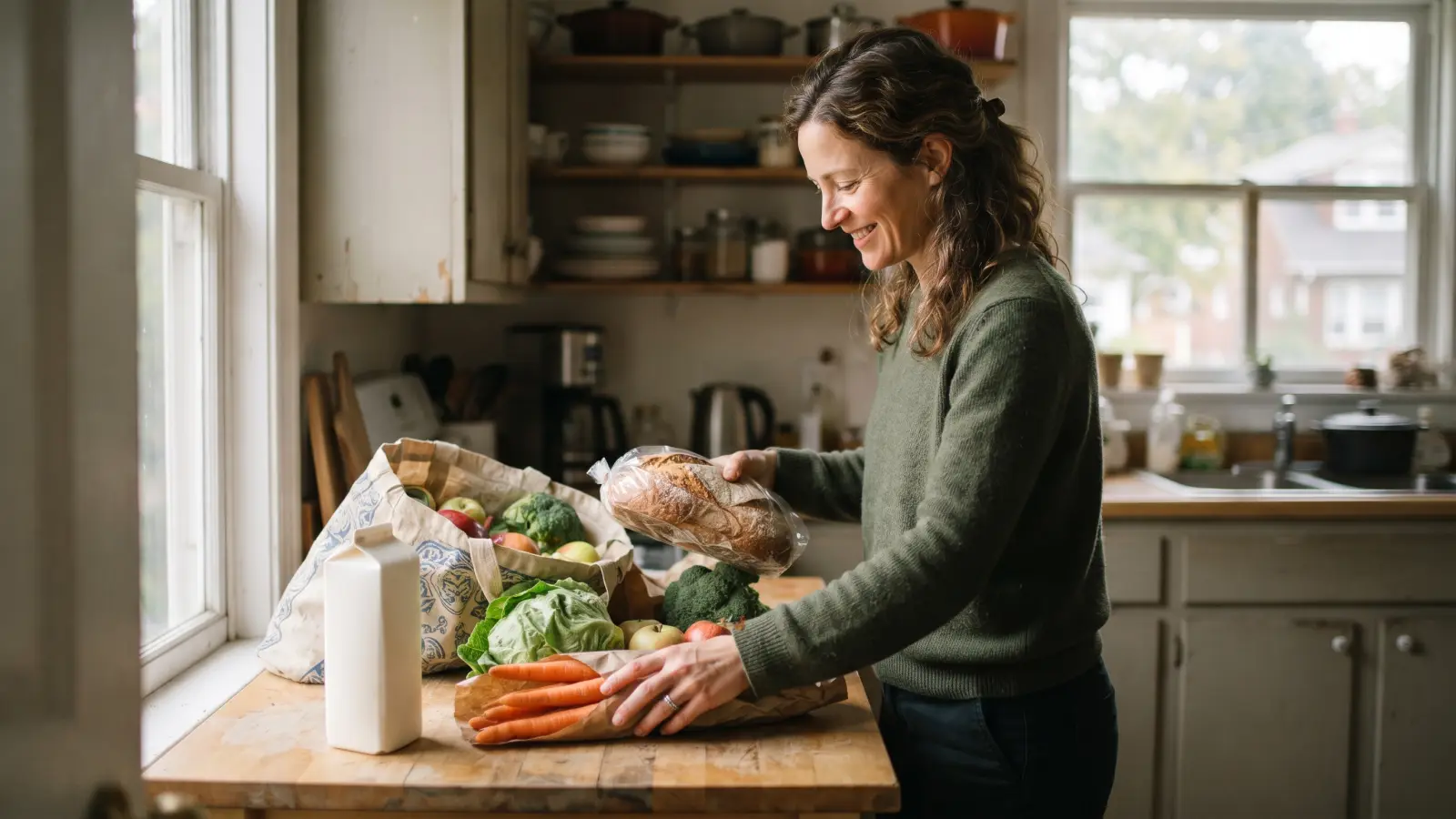 A woman in her forties unpacking vegetables and bread from a cloth grocery bag in a small kitchen.