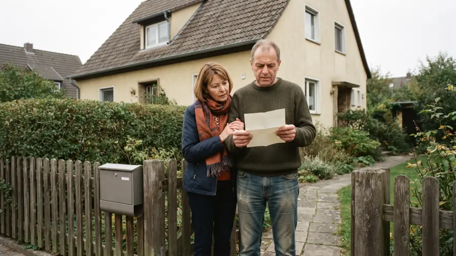 Ein Ehepaar um die sechzig steht am Gartenzaun vor seinem Einfamilienhaus und liest gemeinsam einen geöffneten Brief.