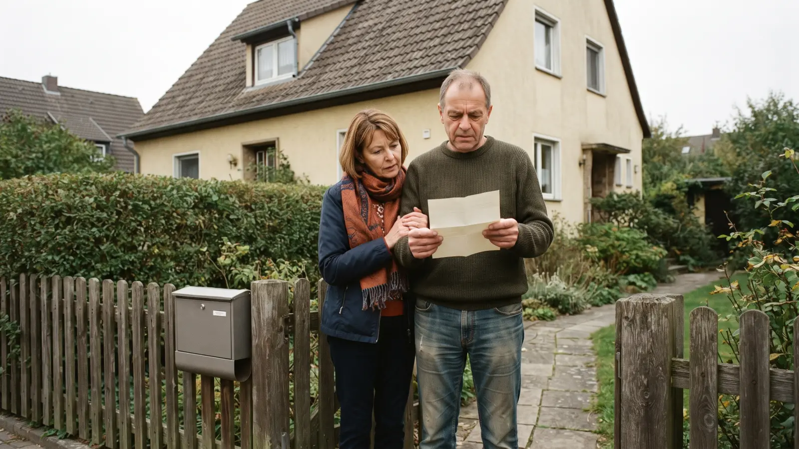 Ein Ehepaar um die sechzig steht am Gartenzaun vor seinem Einfamilienhaus und liest gemeinsam einen geöffneten Brief.