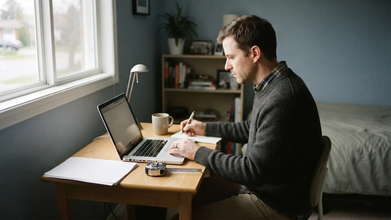 A man in his late thirties working at a laptop on a desk in the corner of a spare bedroom, a tape measure beside him.