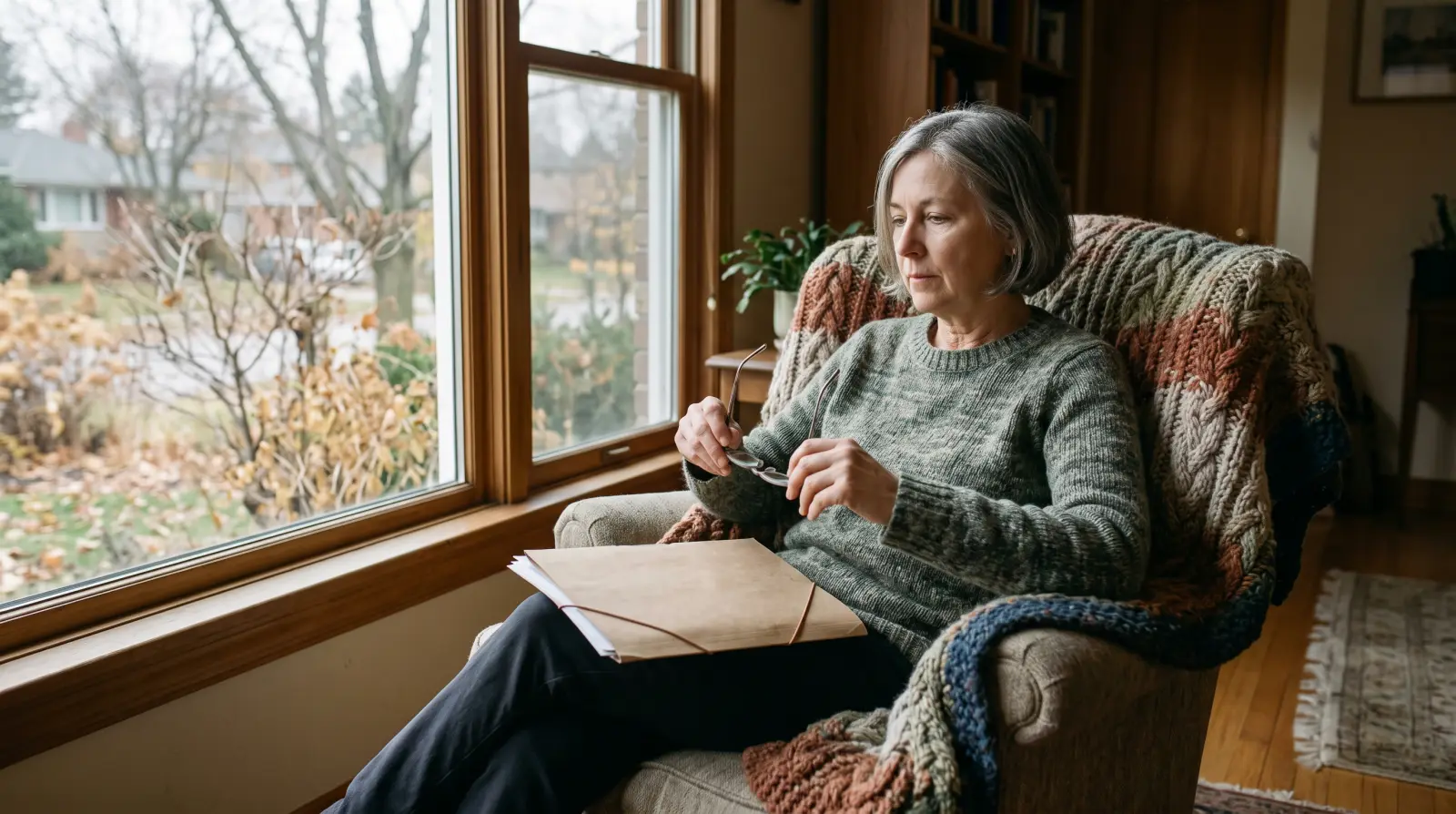 A woman in her early sixties in an armchair by a window with a closed folder on her lap.