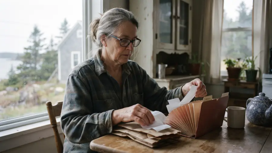 A woman in her late sixties sorting plain paper bags and receipts into a folder at a kitchen table.