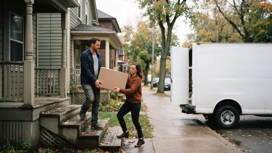 Two adults in their late thirties carrying a plain cardboard box down front steps towards a moving van.