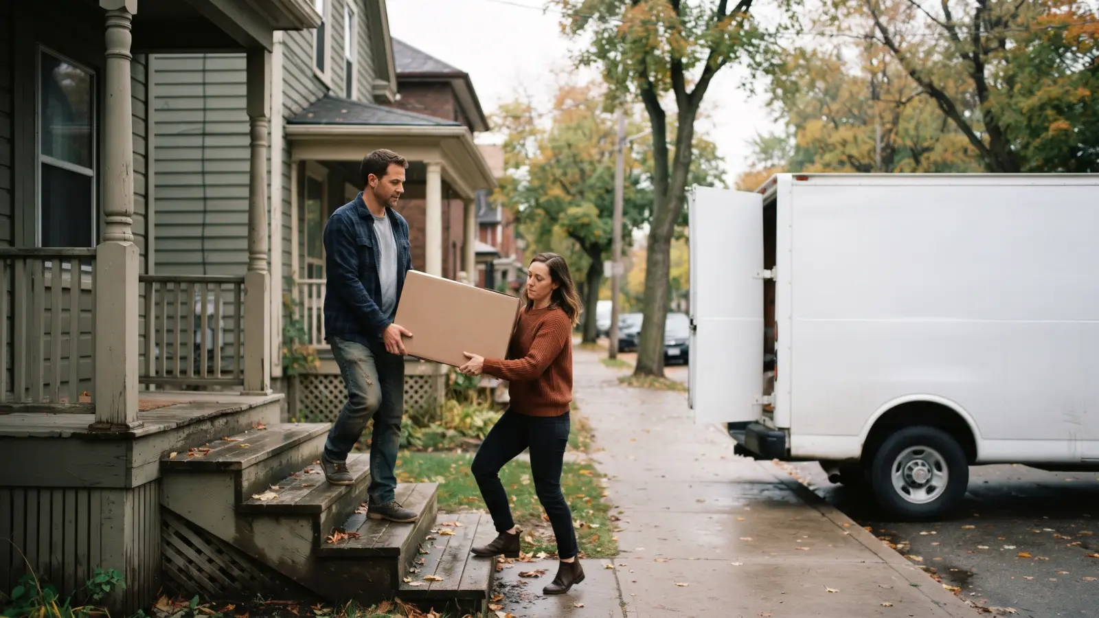Two adults in their late thirties carrying a plain cardboard box down front steps towards a moving van.