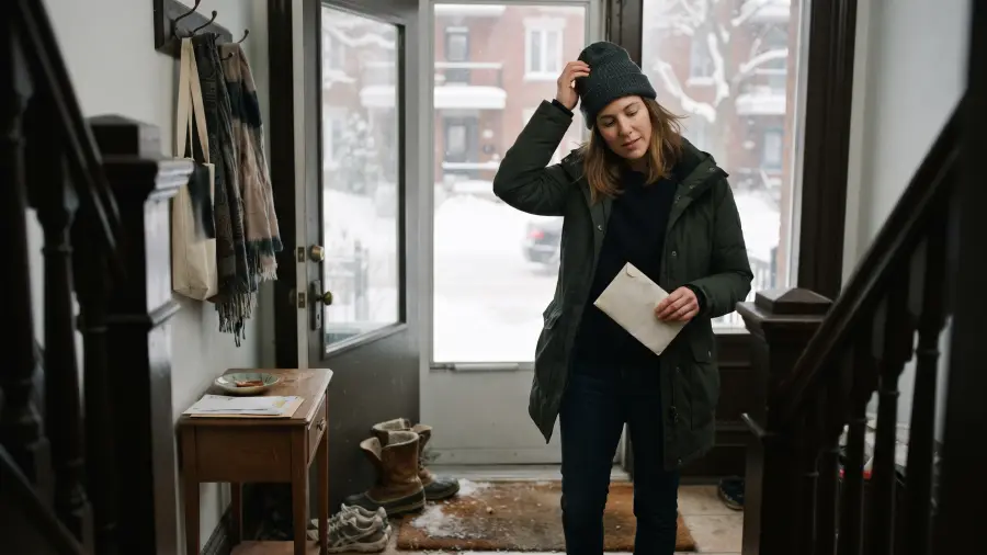 A woman in her mid-thirties in winter clothes holding a plain envelope in the entryway of an apartment.