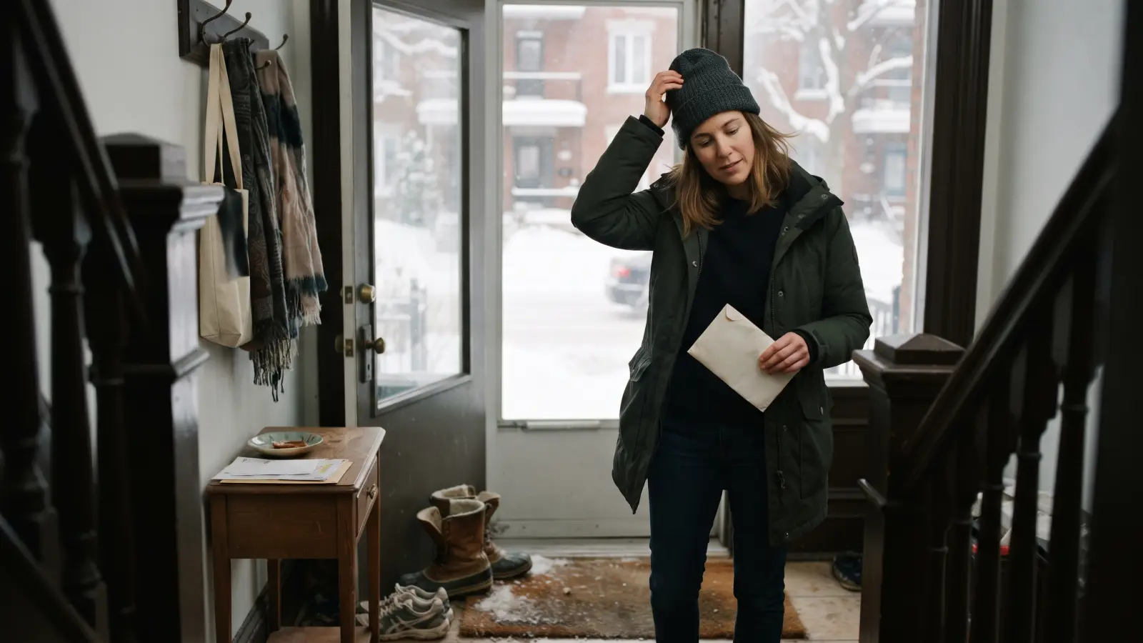 A woman in her mid-thirties in winter clothes holding a plain envelope in the entryway of an apartment.