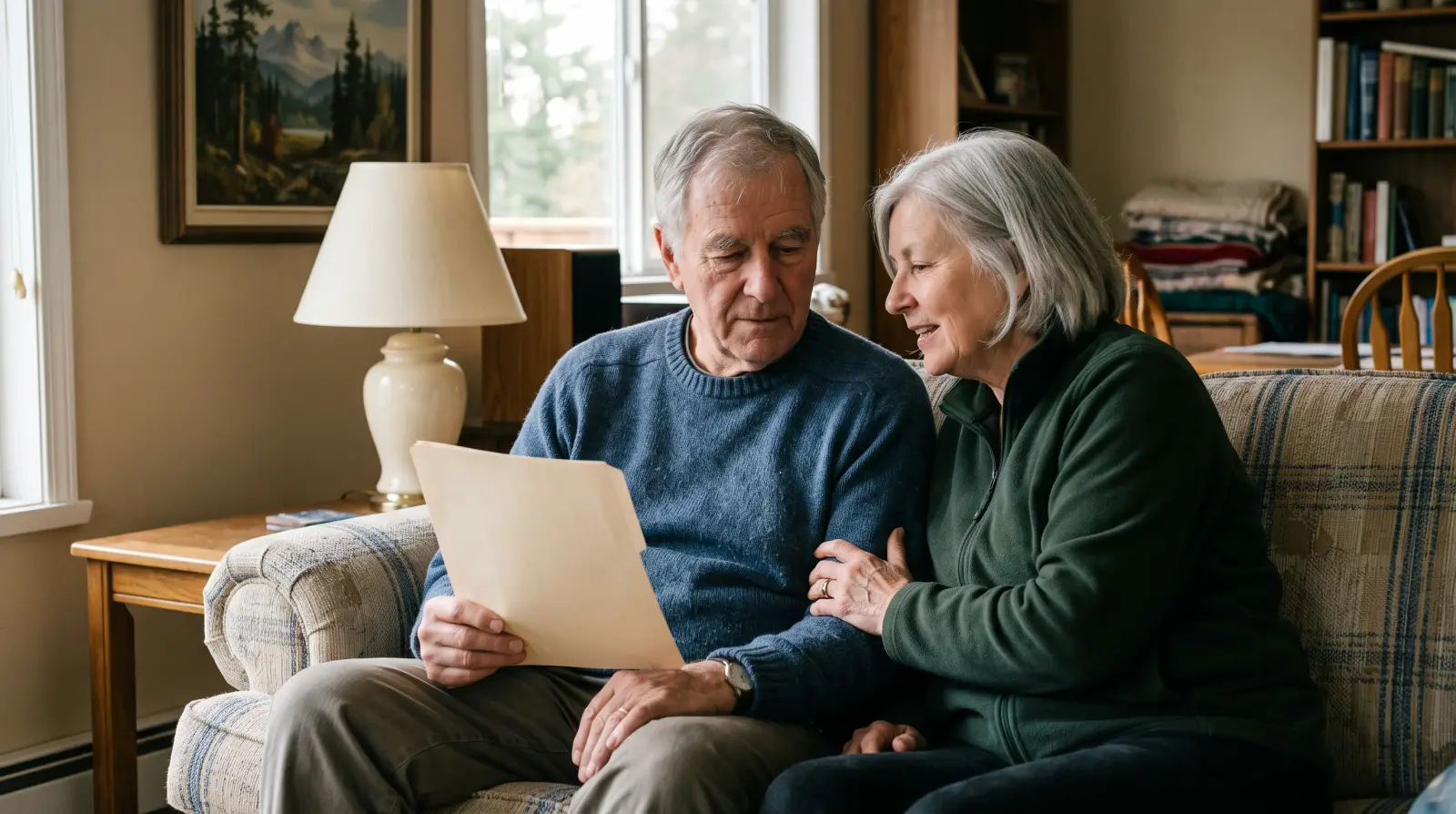 A couple in their late sixties talking on a living-room sofa, one holding a paper folder.