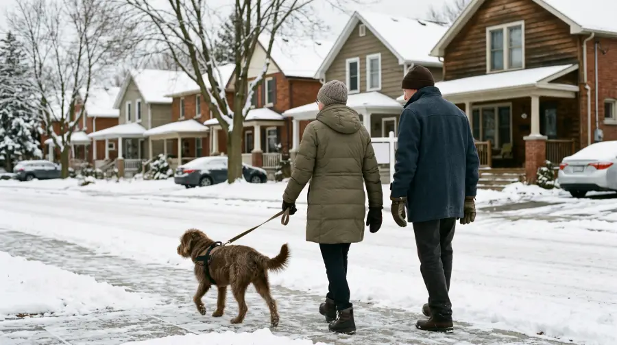 A couple in their sixties walking a dog along a snowy residential street.