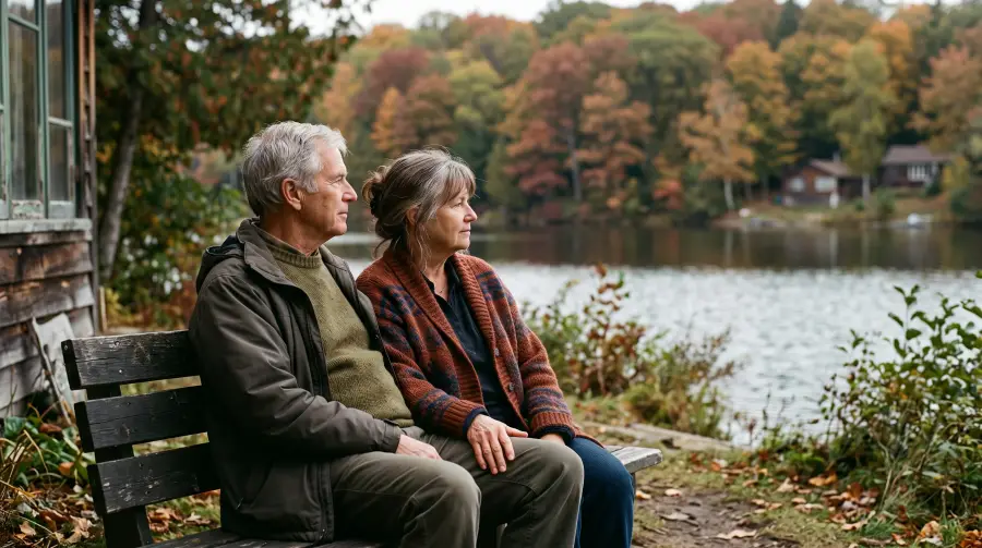 An older couple sitting close together on a bench beside a lake in early autumn.