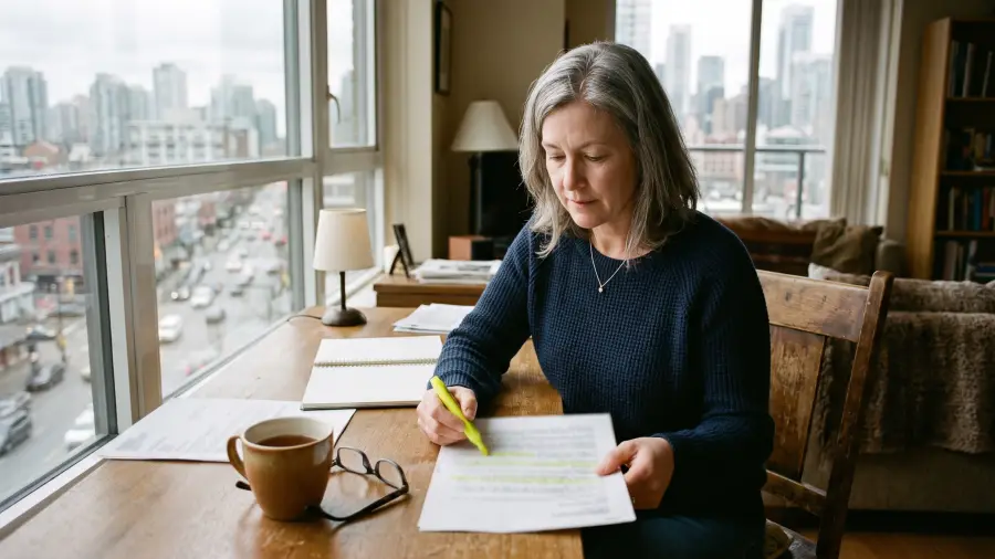A woman in her mid-fifties reviewing a blurred printed statement with a highlighter at a home desk.
