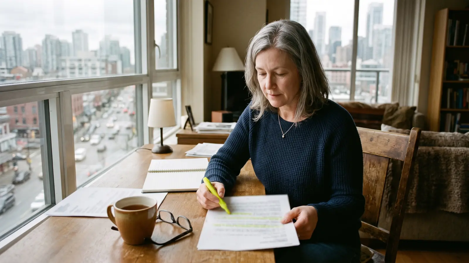 A woman in her mid-fifties reviewing a blurred printed statement with a highlighter at a home desk.
